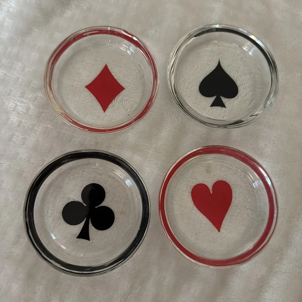 SET 4 GLASS SPADE HEART CLUB DIAMOND PLAYING CARD SUIT COASTERS